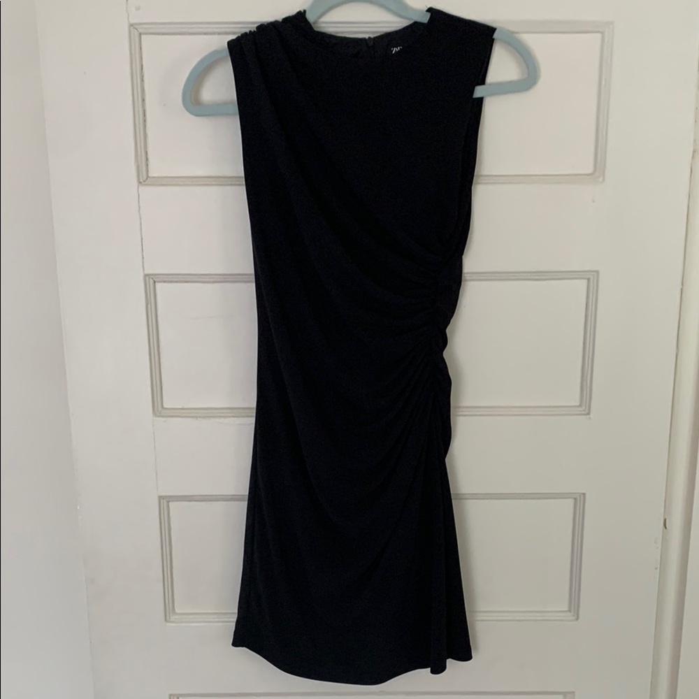 Zara Black Mini Dress With Side Ruching Detail
